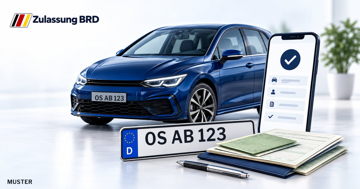 Online Fahrzeugzulassung in Belm: Musterkennzeichen OS AB 123, Auto und Fahrzeugpapiere und Smartphone. Illustration mit Logo von Zulassung BRD.